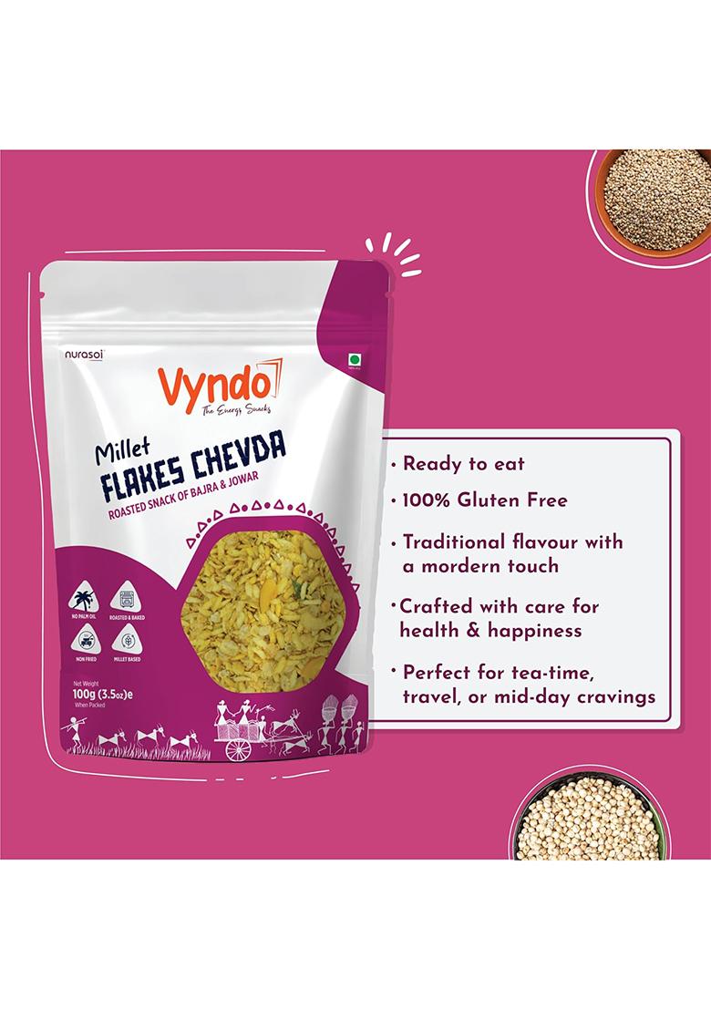 Vyndo Millet Flakes Chevda Healthy Roasted Snack With Jowar & Bajra, High Protein Fiber, No Palm Oil, Energy Snacks For Adults Kids 4 X 100G Packs.