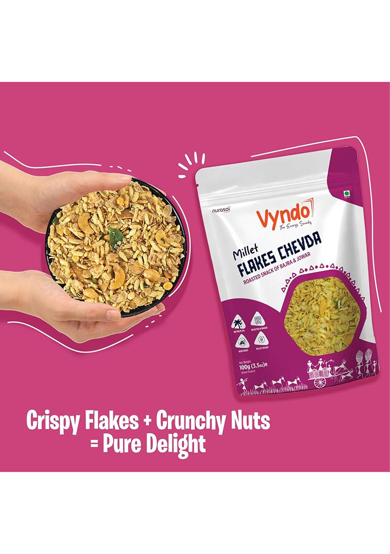 Vyndo Millet Flakes Chevda Healthy Roasted Snack With Jowar & Bajra, High Protein Fiber, No Palm Oil, Energy Snacks For Adults Kids 4 X 100G Packs.