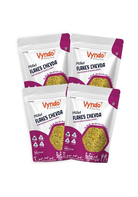 Vyndo Millet Flakes Chevda Healthy Roasted Snack With Jowar & Bajra, High Protein Fiber, No Palm Oil, Energy Snacks For Adults Kids 4 X 100G Packs.