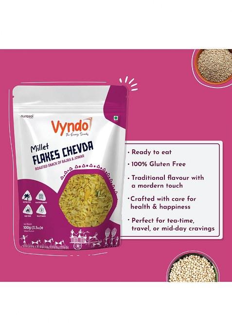 Vyndo Millet Flakes Chevda Healthy Roasted Snack With Jowar & Bajra, High Protein Fiber, No Palm Oil, Energy Snacks For Adults Kids 4 X 100G Packs.