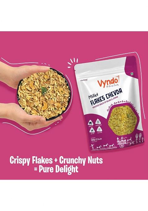 Vyndo Millet Flakes Chevda Healthy Roasted Snack With Jowar & Bajra, High Protein Fiber, No Palm Oil, Energy Snacks For Adults Kids 4 X 100G Packs.