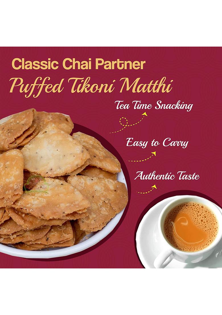 Thakar Puffed Tikoni Matthi 300G | Triangle Flaky Puff Tea Time Snack Crispy Namkeen Indian Festive Hygienic Pack.