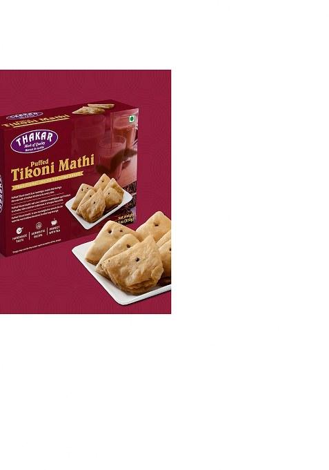 Thakar Puffed Tikoni Matthi 300G | Triangle Flaky Puff Tea Time Snack Crispy Namkeen Indian Festive Hygienic Pack.