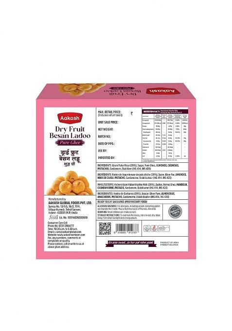Aakash Namkeen Dry Fruit Besan Ladoo | 800 Gm (Pack Of 2), 400 Each Made With Pure Desi Ghee Chickpea Flour Authentic Traditional Indian Sweets