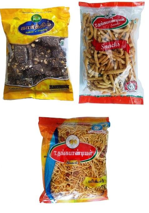 Thangapandiyan Thoothukudi Big Mixture (250 Gm) + Thangapandian Pepper Karasev Ks Karthik Ellu Mittai (Sesame Chikki Candy) (200Gm) - 700 Grams