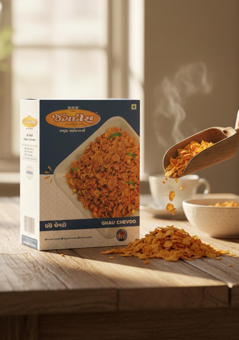 S.G.S Jagdish Farsan Ghau Chevdo 200G | Authentic Gujarati Namkeen Spicy Crunchy Wheat Flakes Mixture Traditional Indian Snack Ready To Eat Tea Time Pack