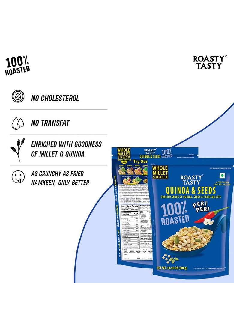 Roasty Tasty Quinoa & Seeds Peri Peri|Healthy Snacks|Roasted White Puffs, Bajra Mix|Rich In Protein For Adults Kids|No Transfat|Diet Mixture|Peri Masala|Roasted Namkeen|300G - Indya