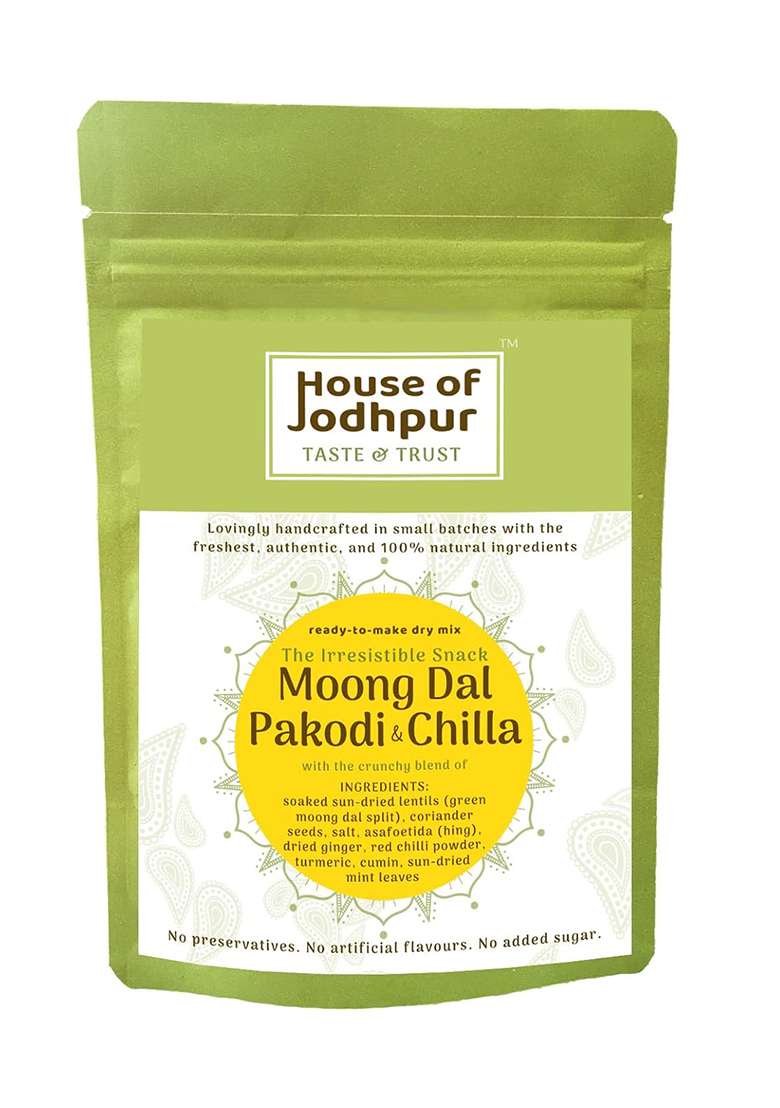 House Of Jodhpur Moong Dal Pakodi & Chilla (Ready To Make Dry Mix) | The Irresistible Snack With Crunchy Blend Soaked Sun-Dried Lentils (Green Split), Coriander Seeds, Salt, Asafoetida (Hing), Dried Ginger, Red Chilli Powder, Turmeric, Cumin, Mint Leaves - Indya