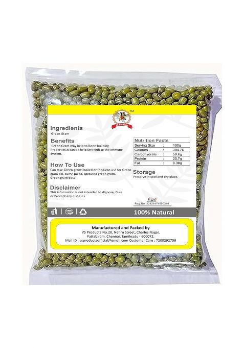 Vs Products Organic Green Gram, 250G, Moong Dal, Pachai Payaru, Mung Bean, Cherupayar, Hesaru Kaalu, Muga, (Pack Of 2 X 100G, Pack 1 50G)