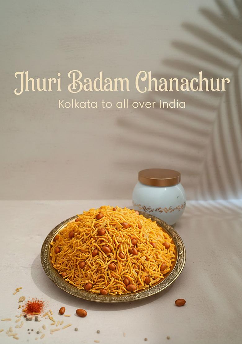 Banglarmisti Jhuri Badam Chanachur | Bengali Style Tea Time Snack Crispy & Kurmure Sev, Peanutsmixture Lightly Spicy Crunchy Namkeen 200G Pack Fresh Delivery From Kolkata Across India