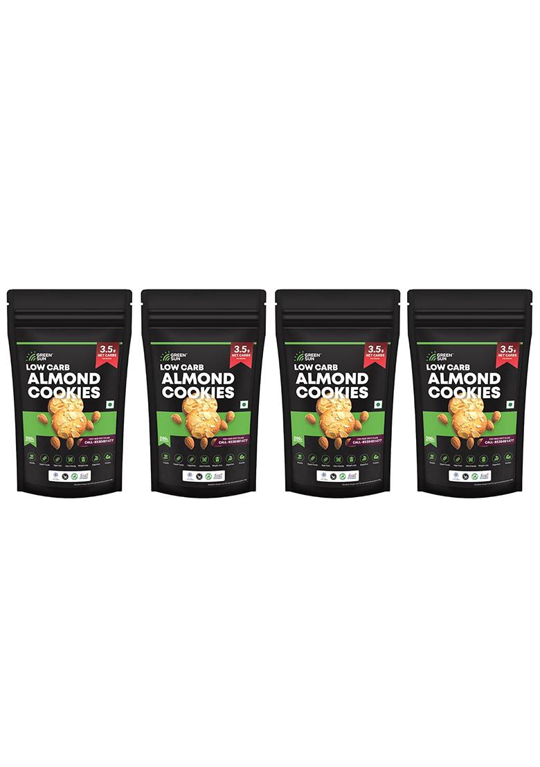 Green Sun Low Carb Almond Cookies |Pack Of 4 | 0.5 G Net Per Cookie Keto Friendly| Sugar Free Natural Sweetener Stevia |Healthy High Fiber Super Foods Crispy