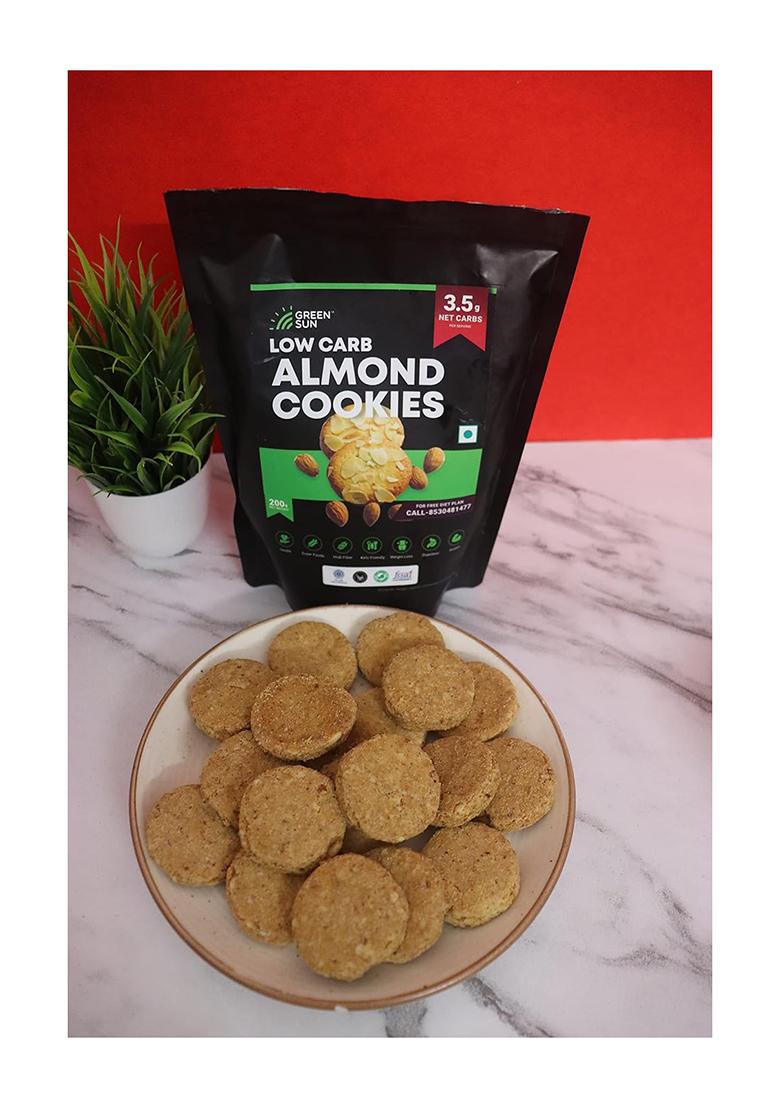 Green Sun Low Carb Almond Cookies |Pack Of 4 | 0.5 G Net Per Cookie Keto Friendly| Sugar Free Natural Sweetener Stevia |Healthy High Fiber Super Foods Crispy