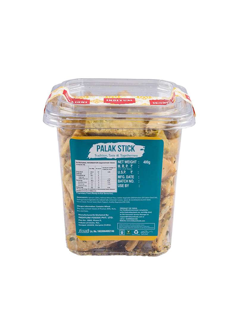 Indiyum Palak Stick, Single Fried, Authentic Traditional Healthy Snacks With Goodness Of Spinach, Low Ffa 400G Pack of 1 - Indya