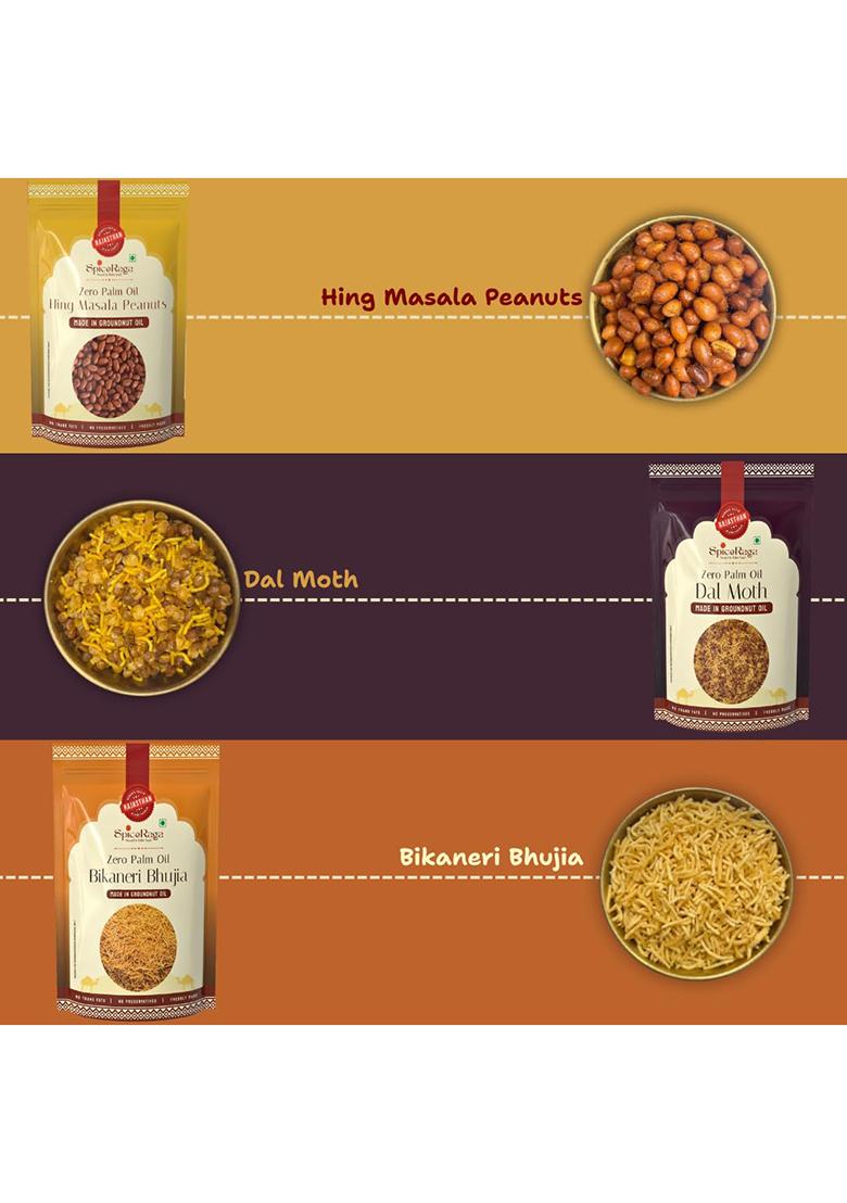 Spiceraga Chai Time Combo | Poha Chivda, Bikaneri Bhujia, Dal Moth, Hing Masala Peanuts, Namkeen Mix & Aloo Bhujia No Palm Oil Pure Groundnut Tea-Time Crunch Light Flavourful Snacks