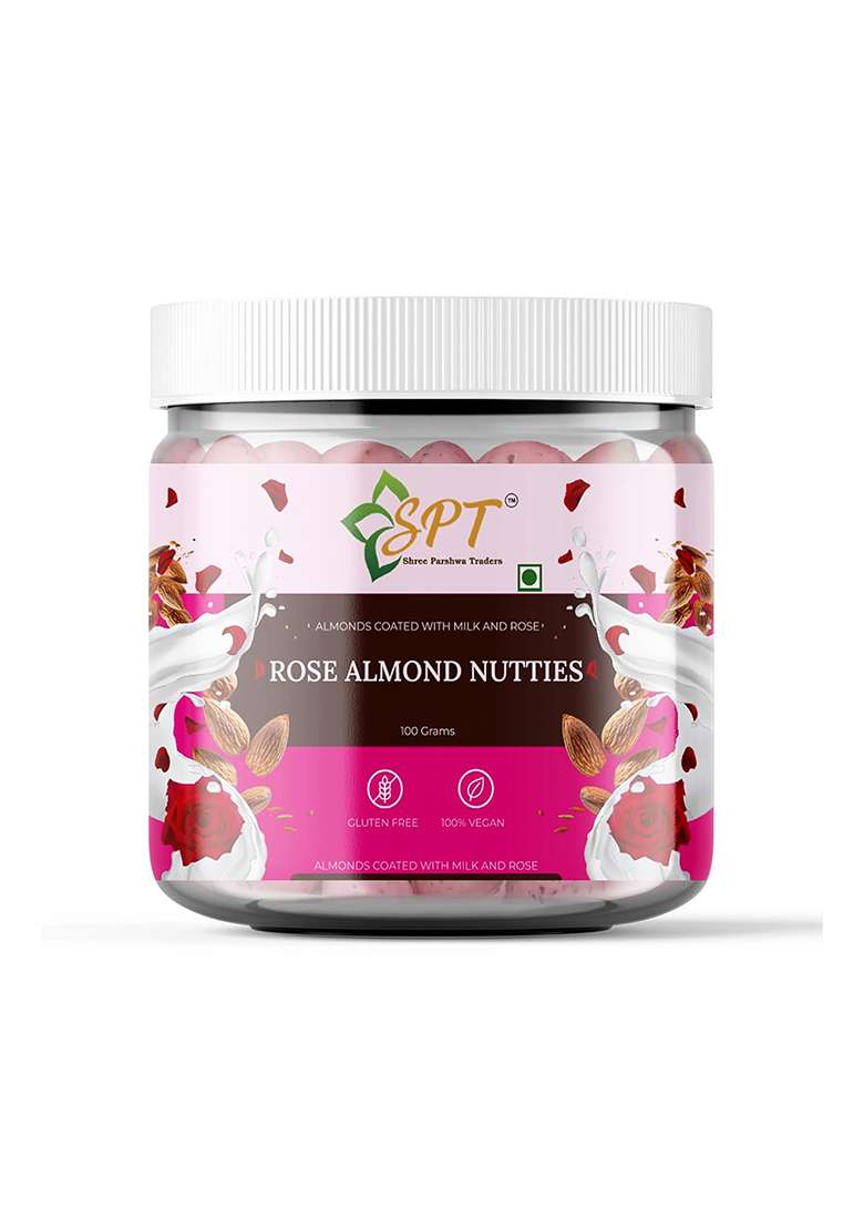 Shree Parshwa Traders Spt Rose Almond Nutties Almonds Coated With Milk Solids, Sugar & Petals | Delightful Flavor Natural Ingredients (100Gm (Pack Of 1), Nutties) - Indya
