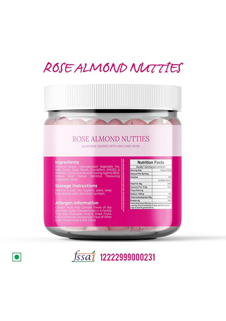 Shree Parshwa Traders Spt Rose Almond Nutties Almonds Coated With Milk Solids, Sugar & Petals | Delightful Flavor Natural Ingredients (100Gm (Pack Of 1), Nutties) - Indya
