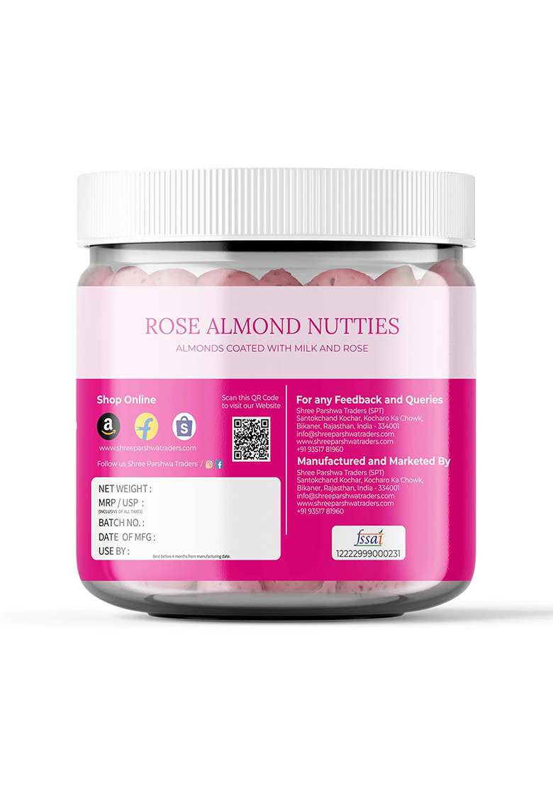 Shree Parshwa Traders Spt Rose Almond Nutties Almonds Coated With Milk Solids, Sugar & Petals | Delightful Flavor Natural Ingredients (100Gm (Pack Of 1), Nutties) - Indya