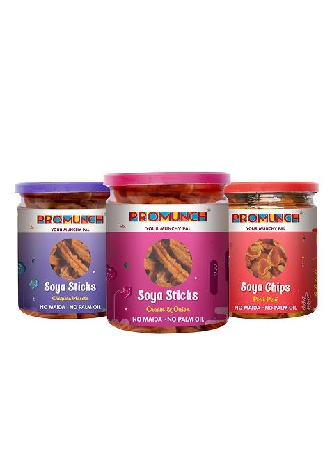 Promunch Soya Sticks (Chatpata Masala, Cream Onion) | Chips (Peri Peri) Crispy Snacks Namkeen Savoury No Palm Oil And Maida Combo Pack 100G (Pack Of 3)