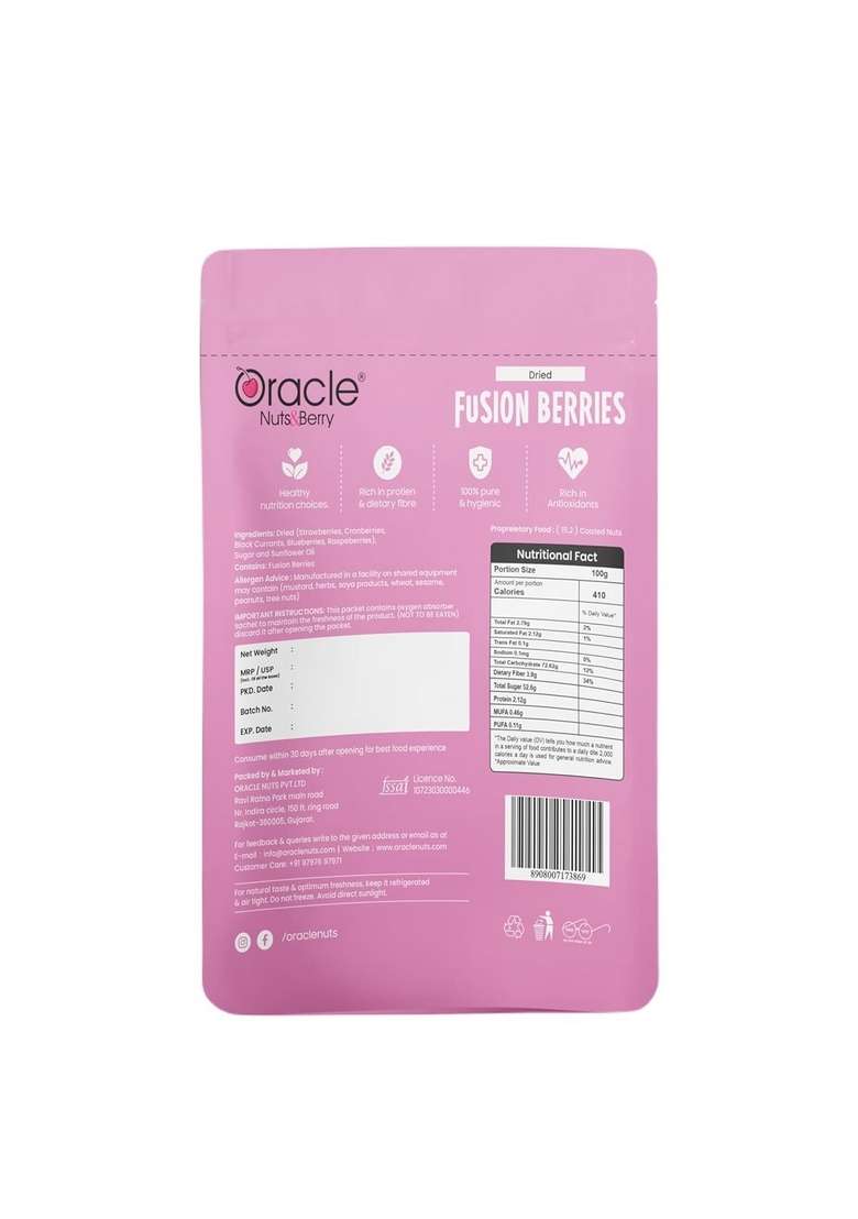 Oracle Nuts And Berry Fusion Berries 200Gm | Roasted Salted Dried Mix – Strawberries Cranberries Black Currants Blueberries Raspberries Antioxidant Rich |Good Source Of Dietary Fiber - Indya