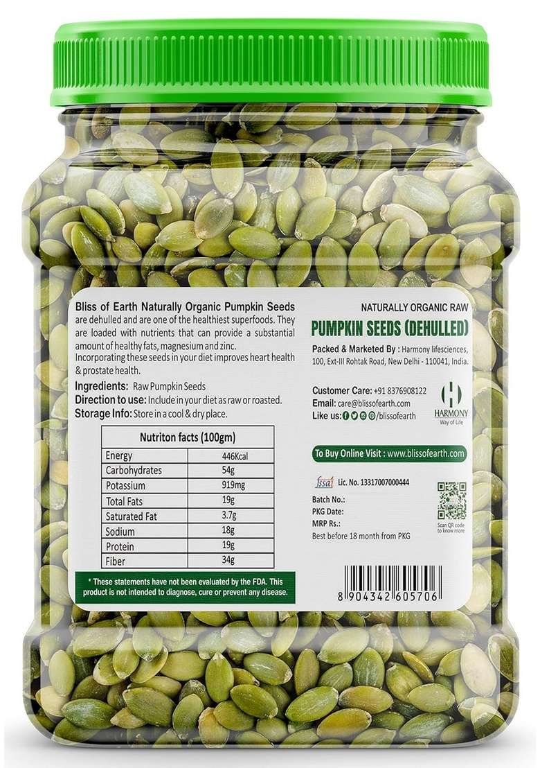 Bliss Of Earth Pumpkin Seeds – Dehulled Naturally Organic Superfood For Eating Rich In Protein Fiber Healthy Snack Salads Baking Smoothies Seed 600Gm - Indya