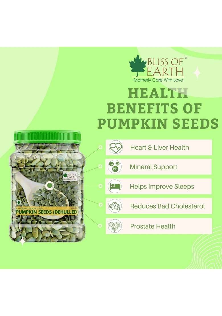 Bliss Of Earth Pumpkin Seeds – Dehulled Naturally Organic Superfood For Eating Rich In Protein Fiber Healthy Snack Salads Baking Smoothies Seed 600Gm - Indya