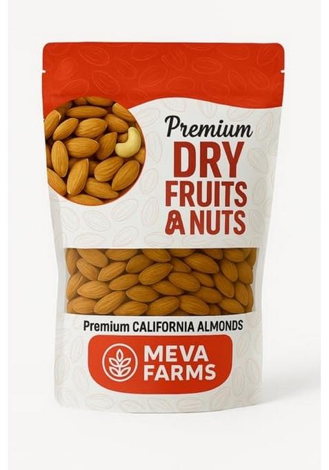 Meva Farms Premium Californian Almonds 500G | 100 Natural Raw Crunchy High Protein Heart Healthy Dry Fruits Vegan Gluten Free Resealable Pouch Packaging