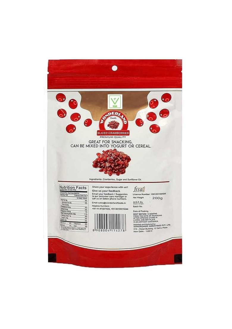 Wonderland Foods Device 1Kg 200G X 5 American Dried Sliced Cranberries Pouch - Indya