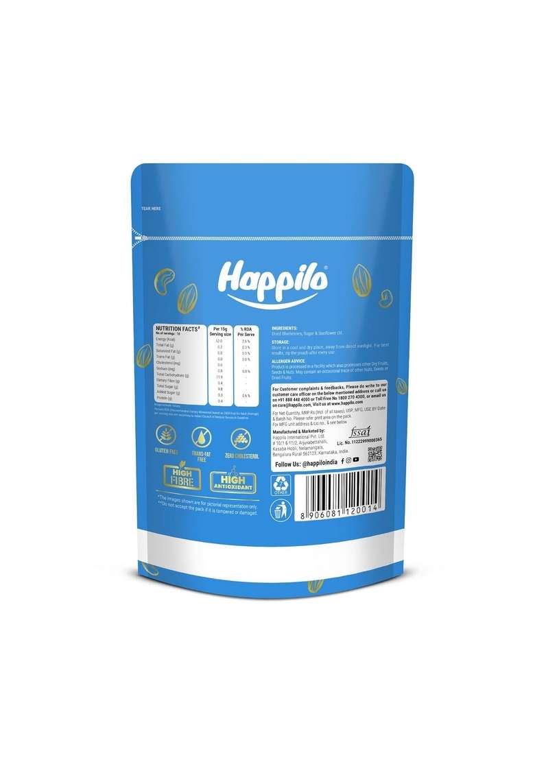 Happilo Premium Dried Californian Blueberries 150G Each Pack Of 2 Superfood Whole Berry Rich In Antioxidant Vitamins Fibers - Indya