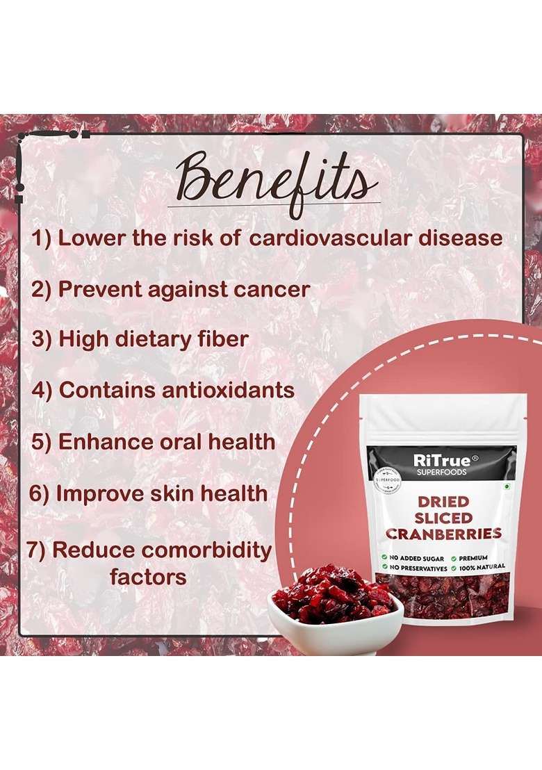 Ritrue Dried Sliced Cranberry 1 Kg Gluten Free Vegan Non Gmo Usa Cranberries Dry Fruits - Indya