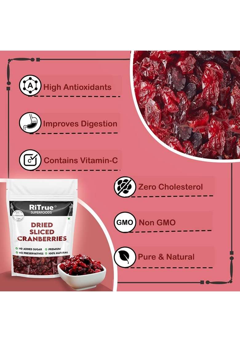 Ritrue Dried Sliced Cranberry 1 Kg Gluten Free Vegan Non Gmo Usa Cranberries Dry Fruits - Indya