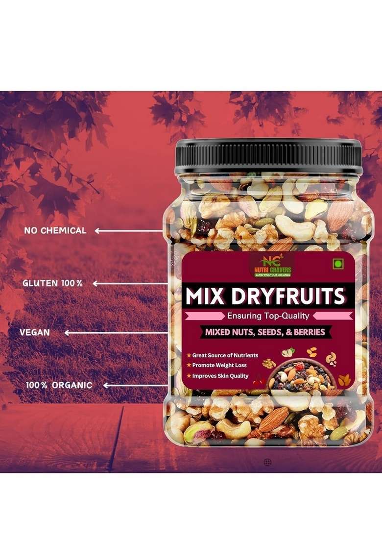 Nutri Cravers Healthy Mixed Dry Fruits 500 Gram Jar Pack| Premium Blend Of Dried Almonds Cashews Black Green Raisins Cranberries More | Nutrient Rich Snack For Wellness - Indya