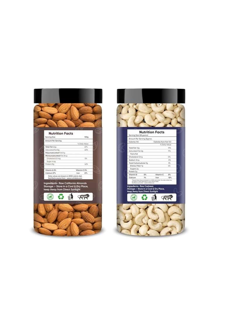 Aldeira Natural Raw California Almonds Whole Cashews Jar Combo – Fresh Unsalted Dry Fruits Pack | 200G - Indya