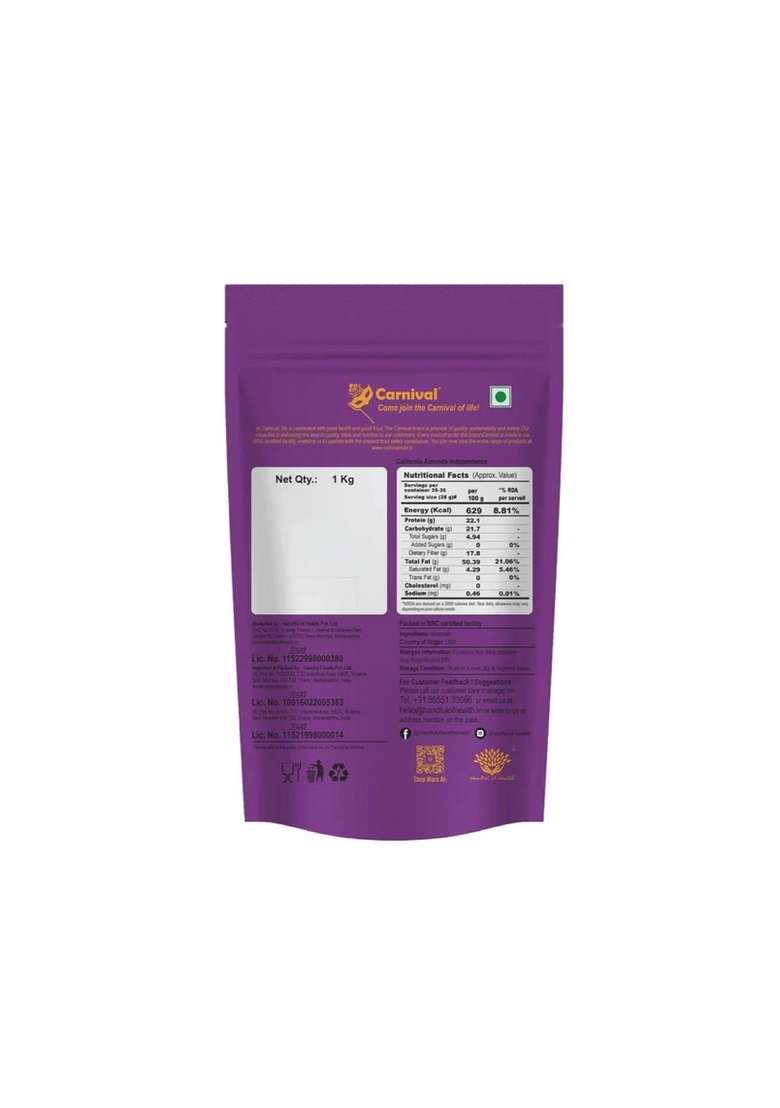 Carnival 100 Natural California Whole Almonds 1Kg | Badam Giri Nutritious Delicious Crunchy Badaam High In Fibre Protein Gluten Free Vegan Plant Based Fresh Premium Nuts Dry Fruit - Indya
