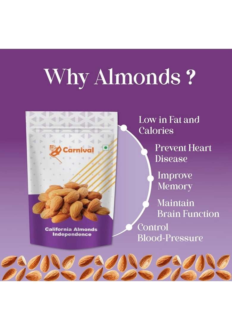 Carnival 100 Natural California Whole Almonds 1Kg | Badam Giri Nutritious Delicious Crunchy Badaam High In Fibre Protein Gluten Free Vegan Plant Based Fresh Premium Nuts Dry Fruit - Indya