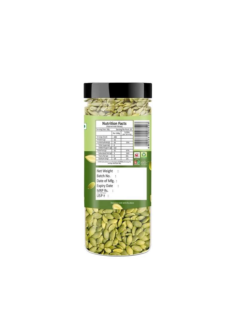 Raghbat Pumpkin Seeds 200G Rich In Protein Dietary Fibre Magnesium Phosphorus Raw Unroasted Source Of Iron Zinc Handpicked Resealable Pack - Indya