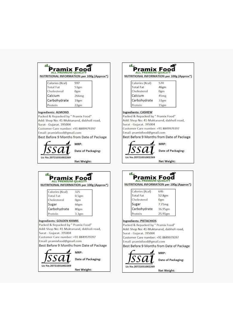 Pramix Dryfruits Mixed Combo Pack 400 Gm Almond Cashew Nuts Pista Kishmish 100 Each - Indya