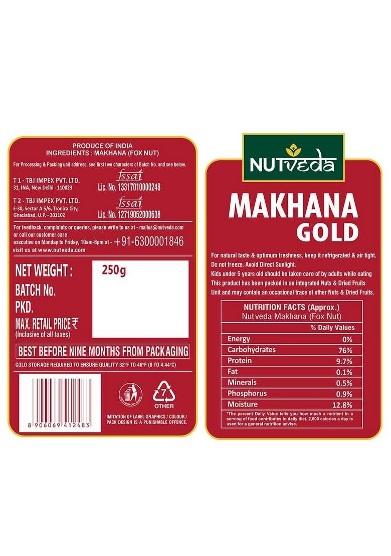 Nutveda Makhana Gold Foxnuts 250Gm Anti Ageing Food | Healthy Snacks With Protein Fiber Vitamins Multiminerals - Indya