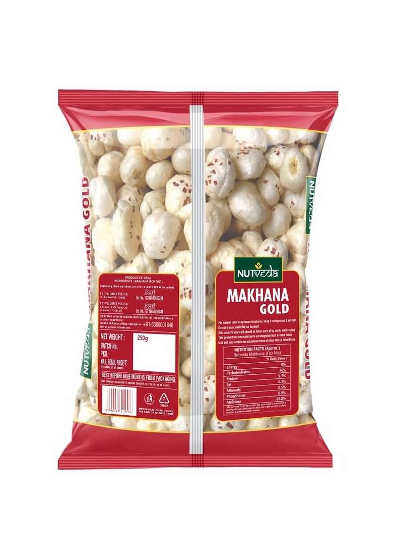 Nutveda Makhana Gold Foxnuts 250Gm Anti Ageing Food | Healthy Snacks With Protein Fiber Vitamins Multiminerals - Indya