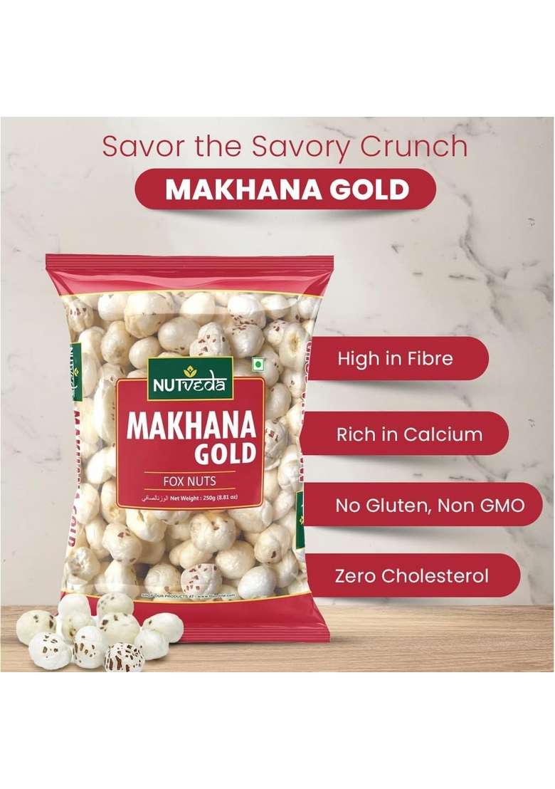 Nutveda Makhana Gold Foxnuts 250Gm Anti Ageing Food | Healthy Snacks With Protein Fiber Vitamins Multiminerals - Indya