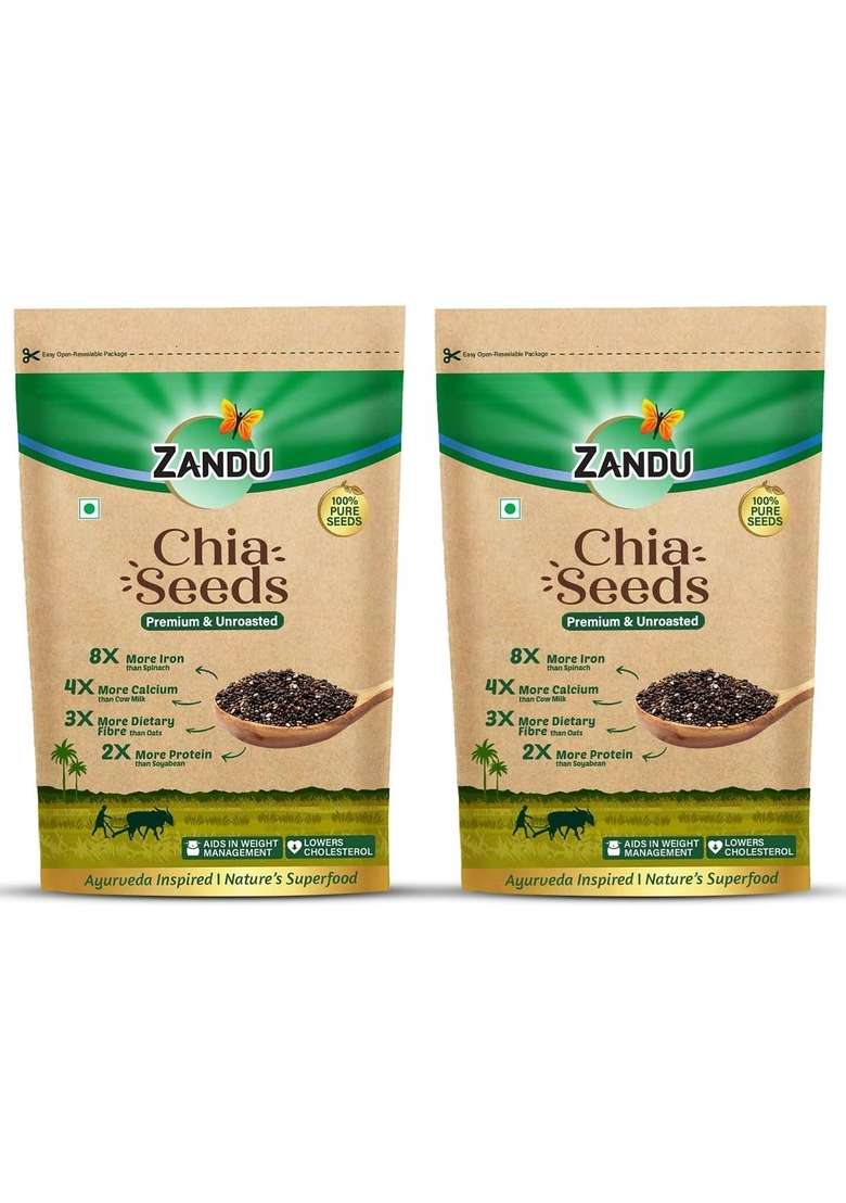 Zandu Chia Seeds 200Gm Pack Of 2 I Premium Raw Rich In Omega 3 Fatty Acids Helps Weight Management Dietary Fiber Protein Resealable - Indya