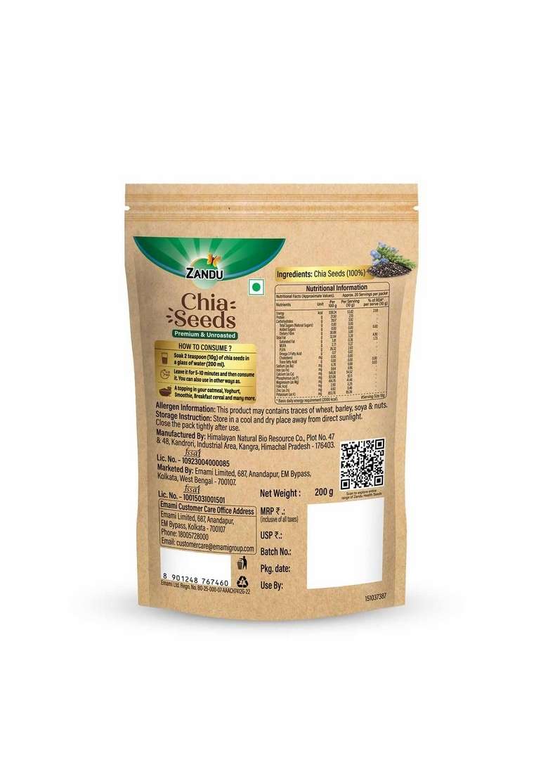 Zandu Chia Seeds 200Gm Pack Of 2 I Premium Raw Rich In Omega 3 Fatty Acids Helps Weight Management Dietary Fiber Protein Resealable - Indya