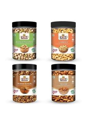 Evrr Dry Fruits Combo – California Almonds Cashews Roasted Pistachios Walnut Kernels | Protein Rich Crunchy Fresh Healthy Snacks For Gifting Festive Hampers 250G Each Pack Of 4