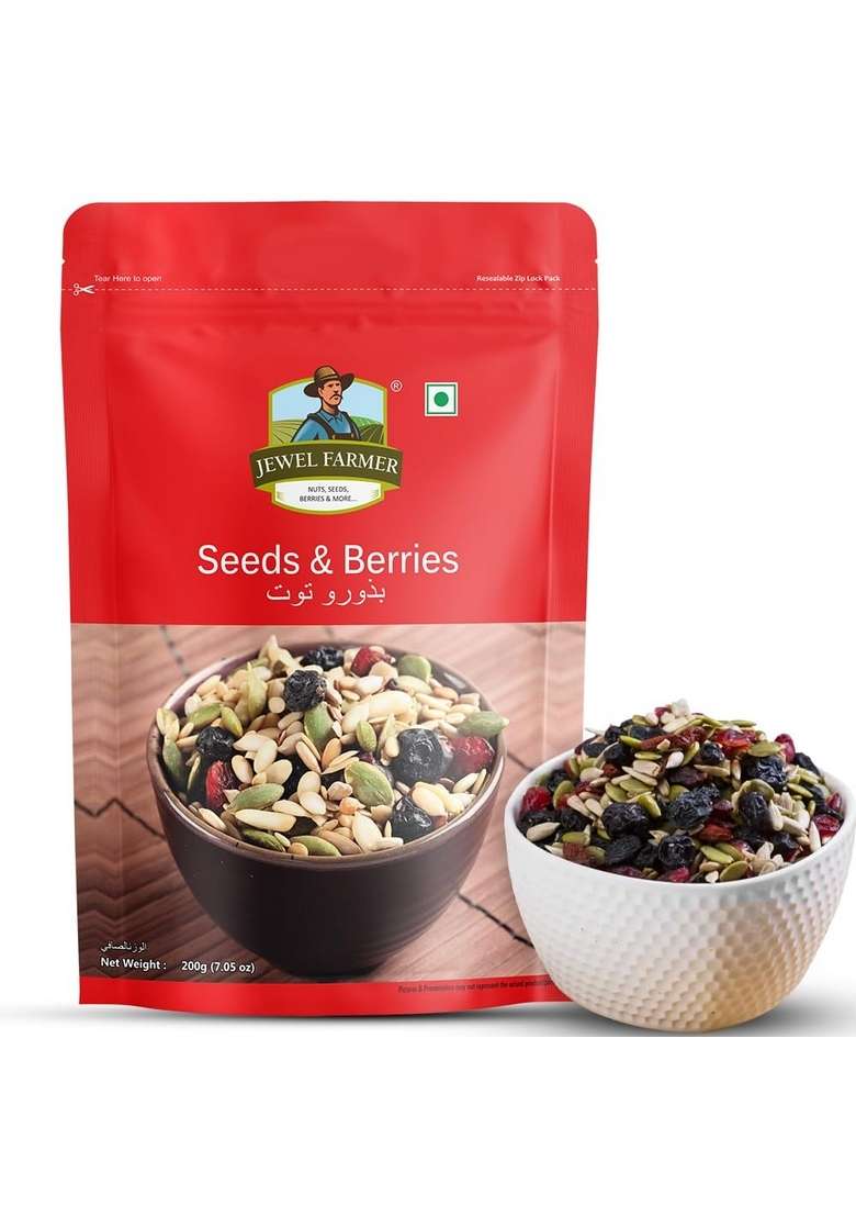 Jewel Farmer Seeds Berries 200Gm Enriched With Iron Calcium Omega 3 6 Antioxidants Multiminerals Goodness Of Cranberries Blueberries Blackraisins Blackcurrants Pumpkin Sunflower Muskmelon Flax Pine Nuts - Indya