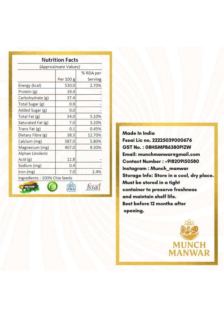 Munch Manwar Premium Raw Chia Seeds Natural Superfood With Omega 3 Protein Fiber Gluten Free Non Gmo For Weight Management Smoothies Baking 1 Kg - Indya