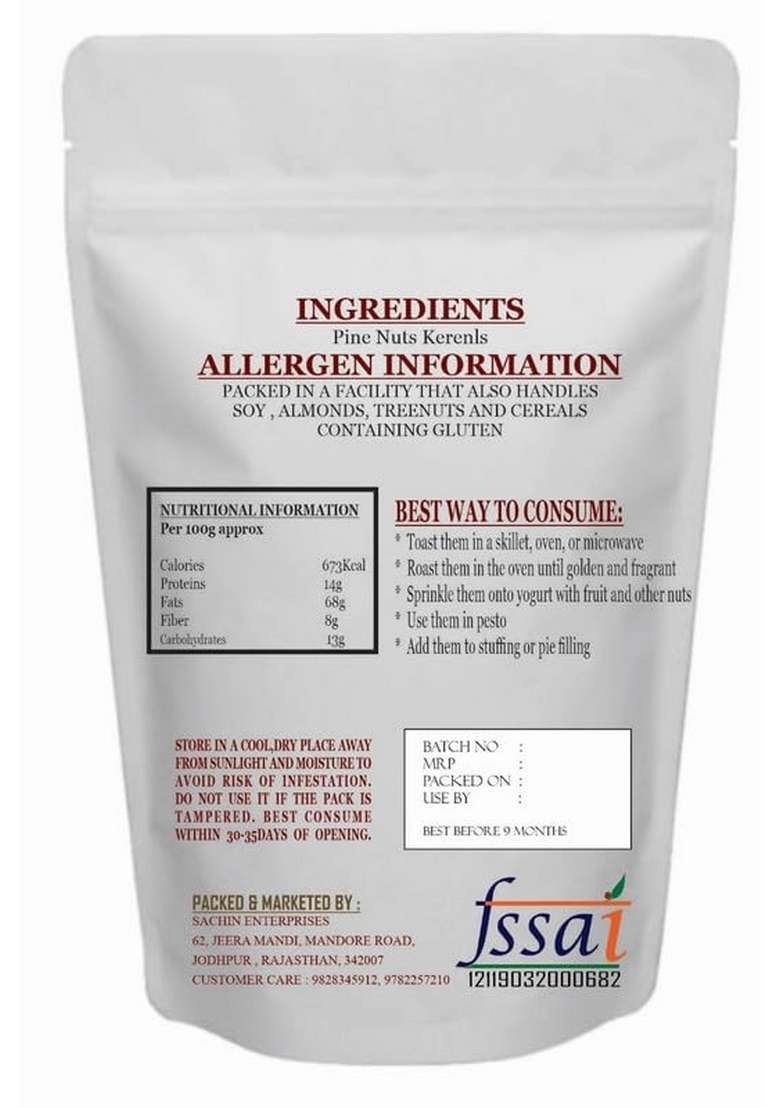 Sundarlaxmi Natural Pine Nuts 250G | Without Shell Chilgoza Giri Chilgoja Seeds Dry Fruits Lebanon Nut Kernels - Indya