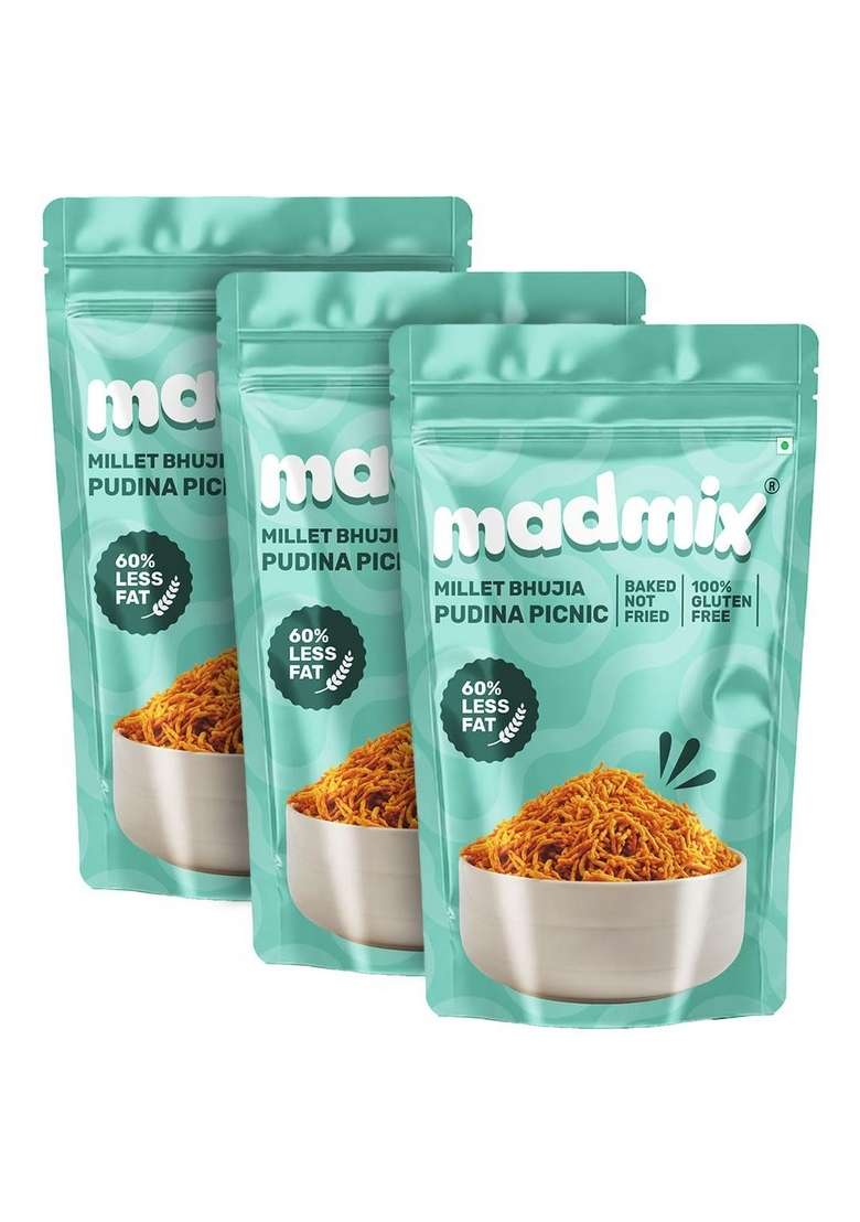 Madmix Baked Bhujia Pudina Picnic | Jowar Millet Bhujiya Diabetic Snacks Sugar Free Healthy No Preservatives Palm Oil Trans Fat Pack Of 3 125G X - Indya