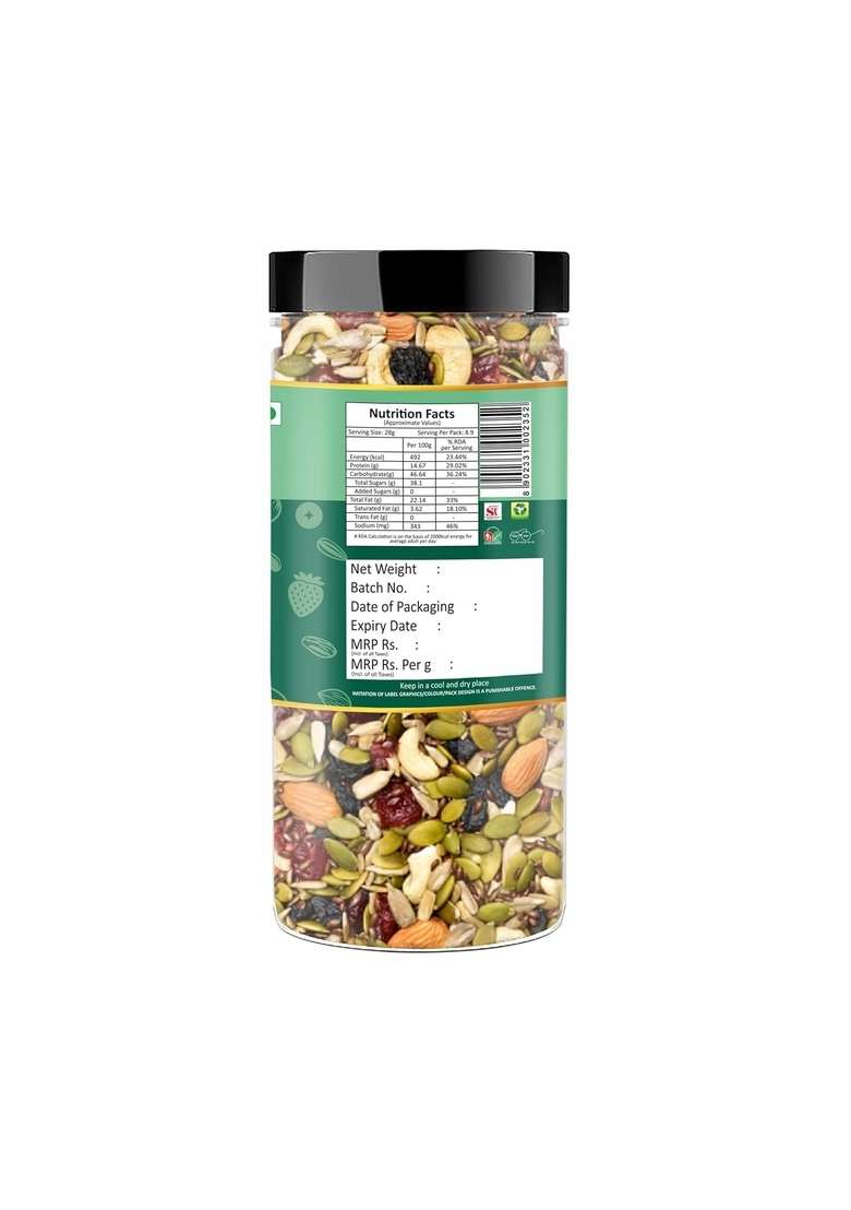 Raghbat Dry Fruit Nut Mix 250G Source Of Protein Magnesium Phosphorus Rich In Dietary Fiber Flavourful Crunchy Snack Almond Cashew Cranberry Black Raisins Strawberry Flax Pumpkin Sunflower Seeds - Indya