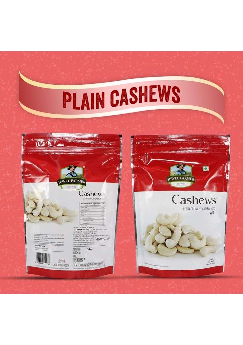 Jewel Farmer Cashew Nuts Plain Crunchy Cashews With Dietary Fiber Low Sugar Vitamin Protein Crispy Kaju In Reasealable Pack 500G - Indya