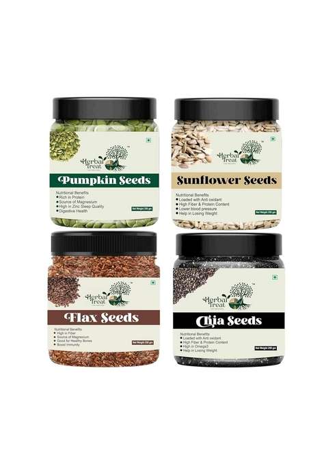 Herbal Treat Pumpkin Sunflower Chia Flax Seeds Combo Pack 250Gm Each Unroasted Raw For Eating Protein Fibre Rich Weight Management Immunity Booster Healthy Heart Nutrient Snack