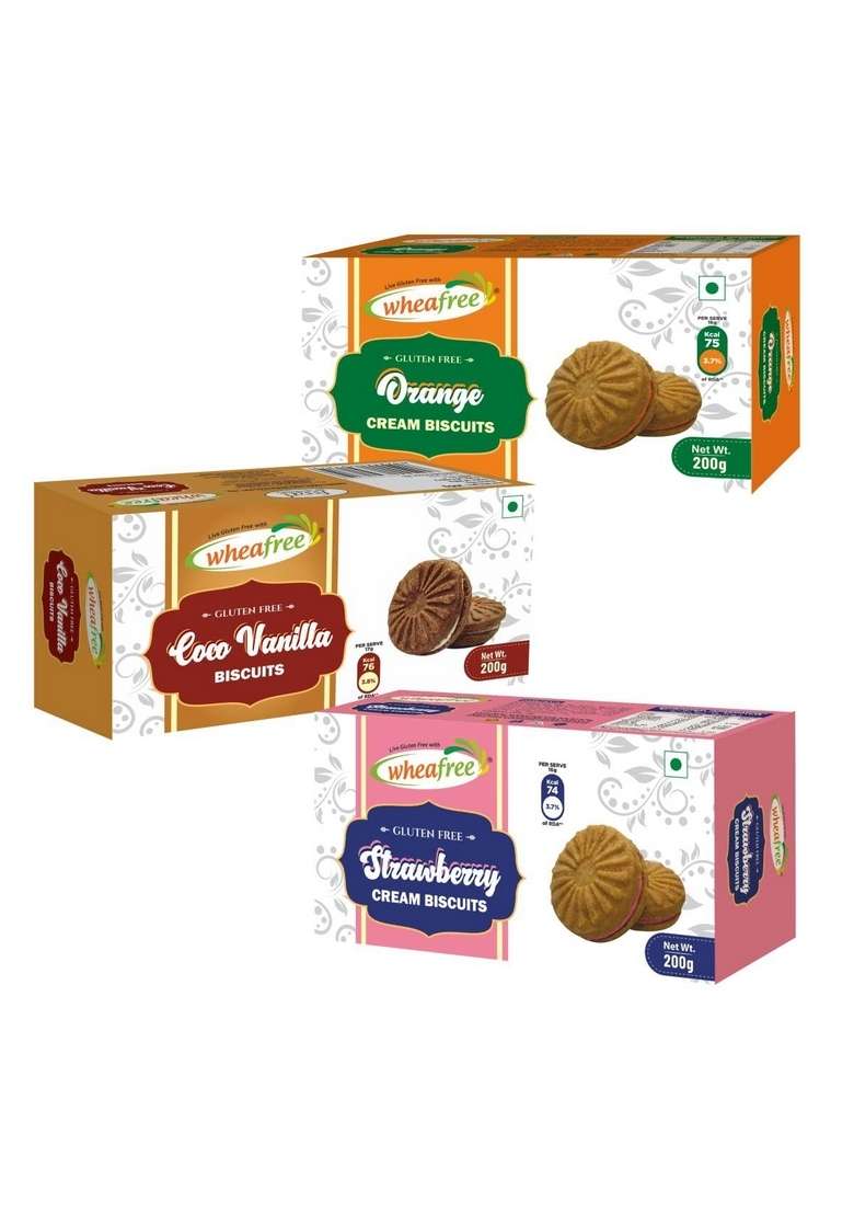 Wheafree Gluten Free Cream Biscuits Combo 600G Strawberry Orange Coco Vanilla Certified Pack Of 3 200G Each - Indya